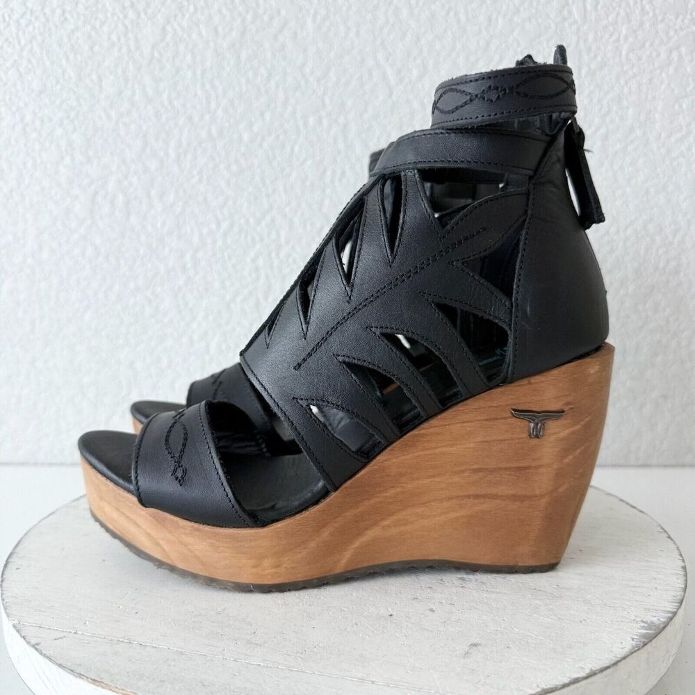 NEW Lane Boots BECCA Womens Black Wedges 8.5 Western Sandals Cowgirl Wooden Heel - Picture 5 of 9